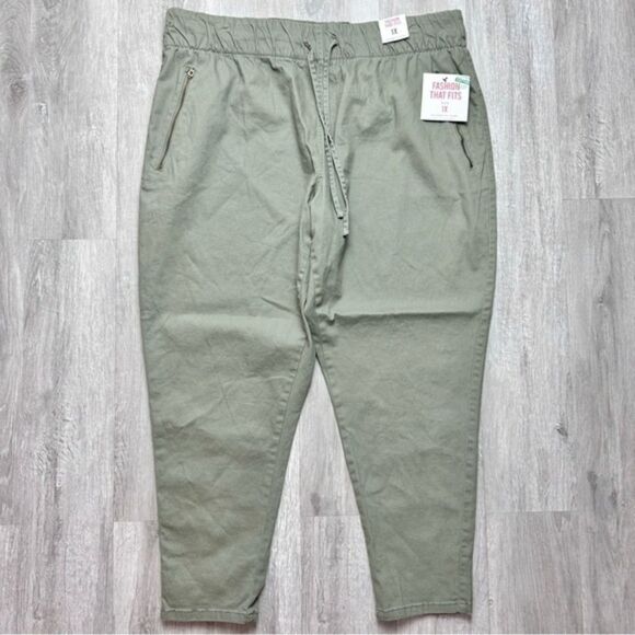 Green Cotton Elastic Waist Jogger Pants 1X - Picture 1 of 4